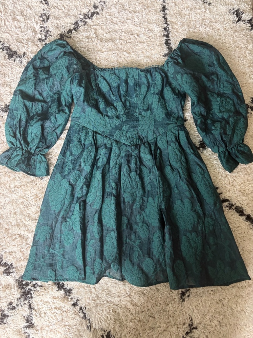 Green Floral Jacquard Puff Sleeve Dress